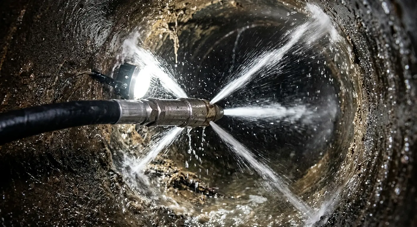 High-pressure hydro jetting nozzle cleaning sewer pipe for Trenchless Sewer Repair in Frederick