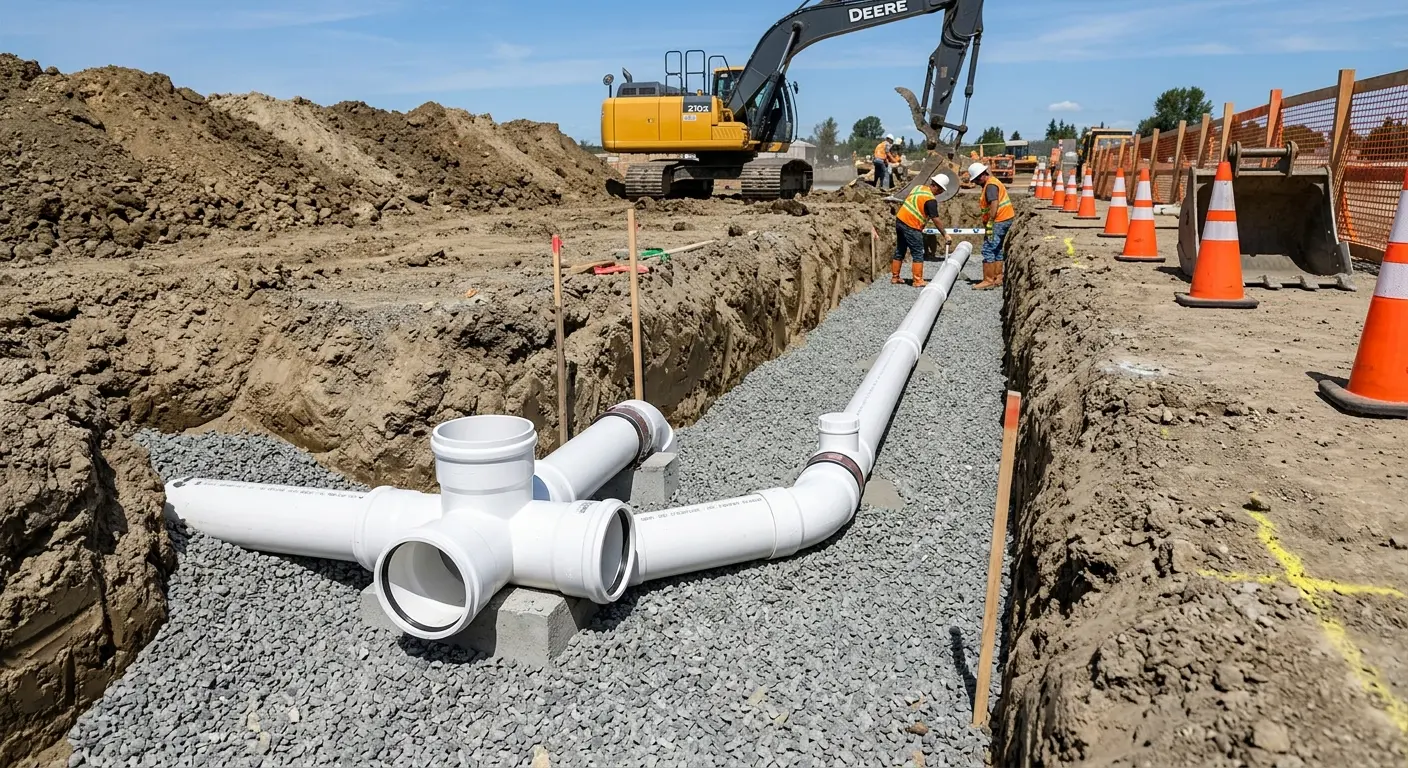 New PVC sewer pipe installation in open trench for Commercial Drain Cleaning in Frederick