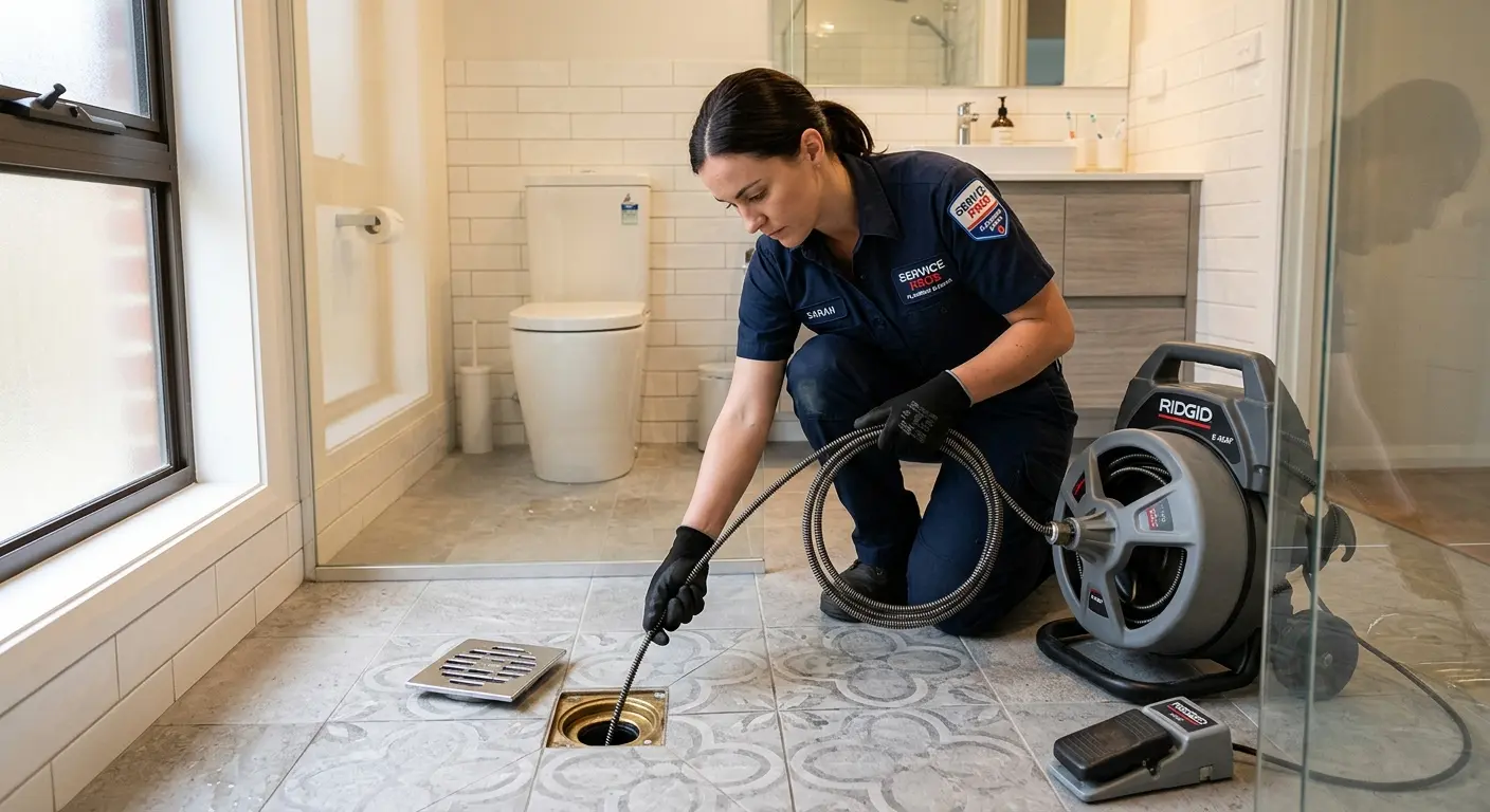 Technician clearing a bathroom floor drain for Hydro Jetting in Frederick